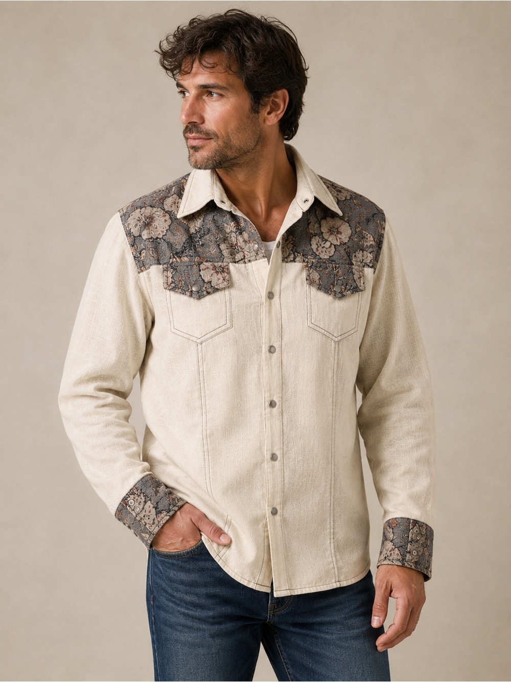 Vintage Kennington California Western Shirt Large Beige Floral Yoke Snap Button